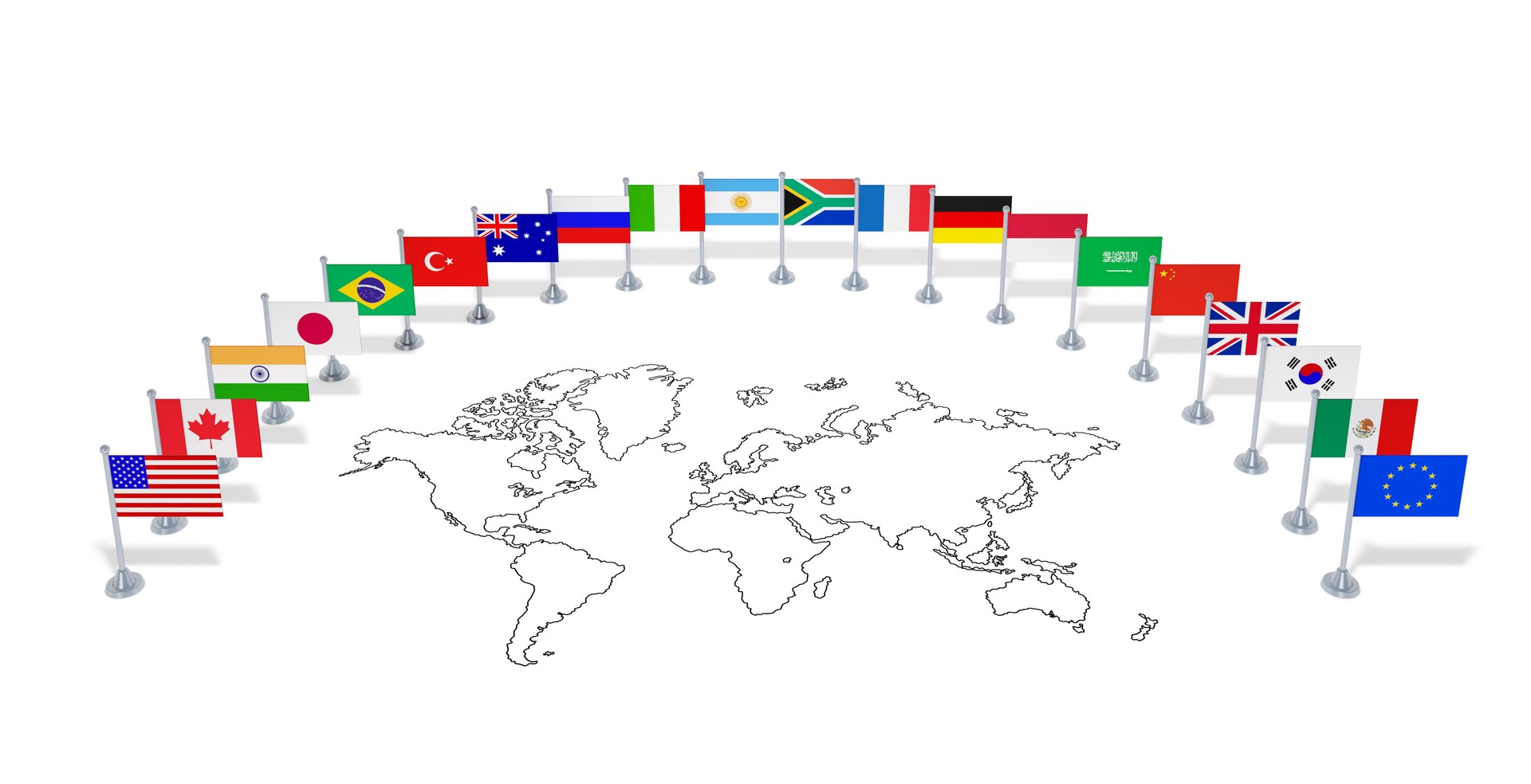G20 summit (economic political concept). Flags of twenty member countries with world map